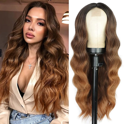 26-Inch Synthetic Ombre Blonde Wavy Wig for Women — Long Middle Part Curly, Heat-Resistant Natural-Look Hair