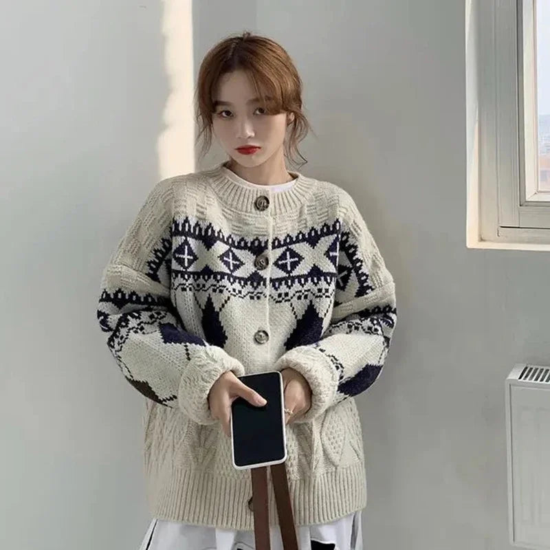 HELIAR Women’s Korean Patchwork Cardigan – Vintage Argyle Knit Sweater with Long Sleeves & Casual O-Neck