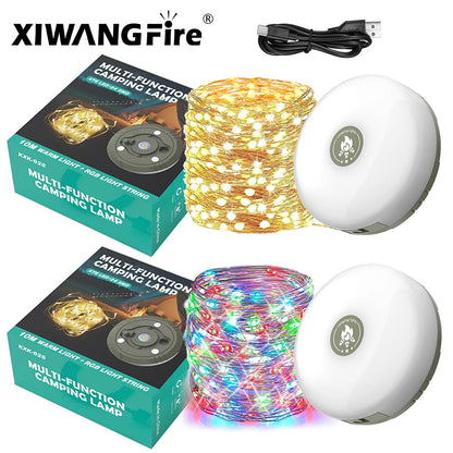 USB Rechargeable Camping Light: 10m RGB Light String, Outdoor Tent Atmosphere Light with Magnet Hook - XTE LED Flashlight