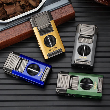 LUBINSKI 2-Torch Cigar Lighter – Metal Butane Gas Lighter with V-Cutter, Punch, and Needle Dredge for Cigar