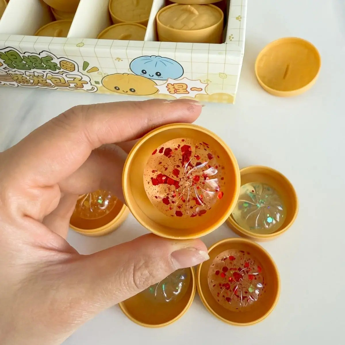 Crystal Mini Dumpling & Steamed Bun Squishy Set - Soft Squeeze Stress Relief Fidget Toys with Steamer, Party Favors & Gifts