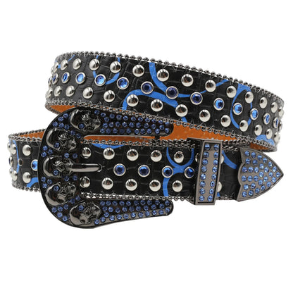 Women’s Rhinestone Skull Leather Belt – Luxury Designer Studded Strap for Jeans, White & Black