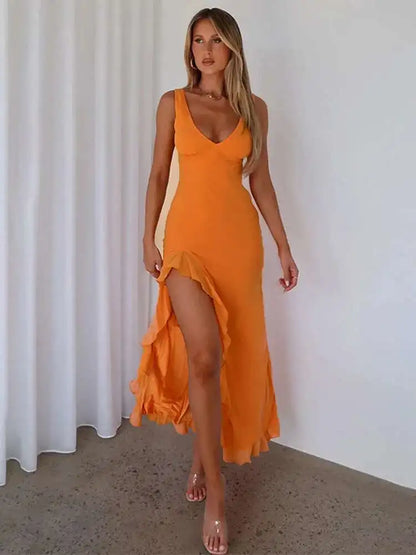 Avrilyaan Women’s Ruffle High Split Backless Midi Dress – Elegant Sexy Evening Party Summer Robe, Slim Fit Fashion Vestido 2024