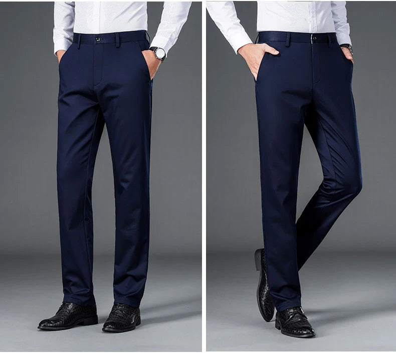 Men's Lightweight Business Casual Pants – Stretch Quick-Dry Straight Leg Trousers in Black & Deep Blue
