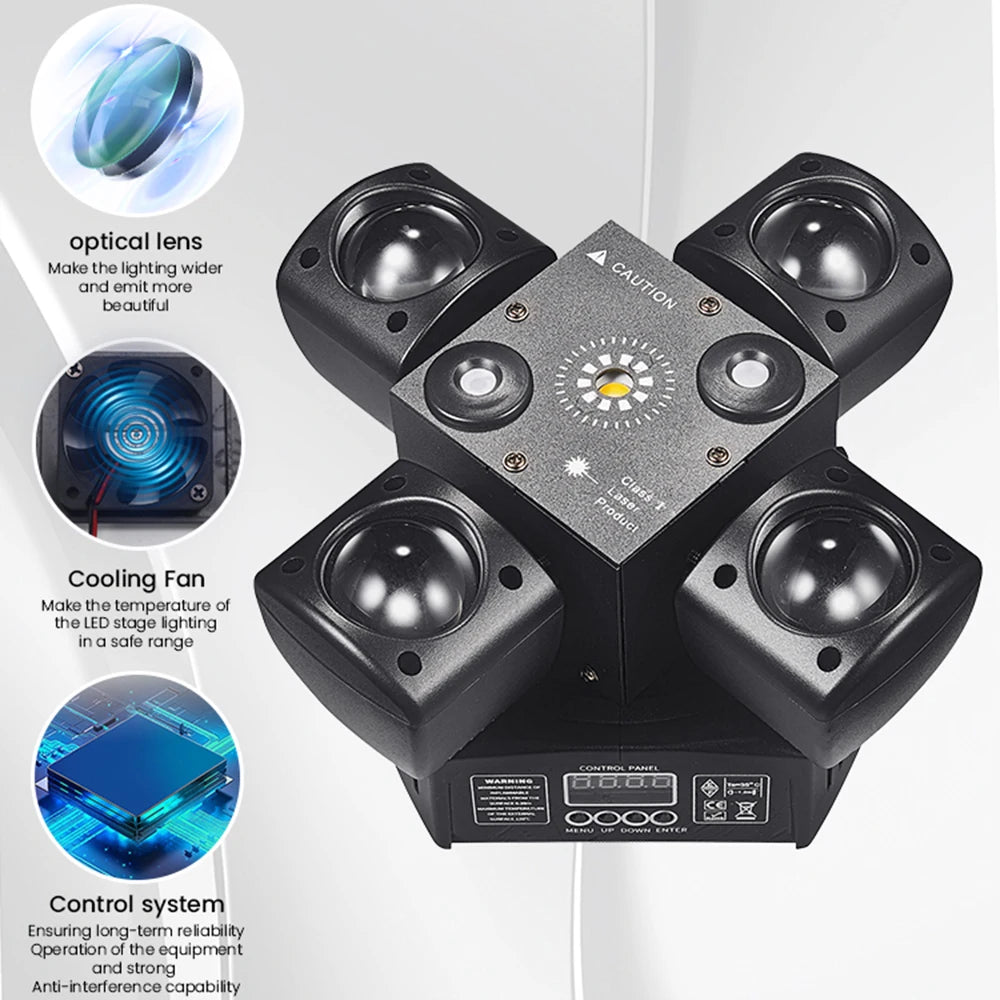 48W 4-Arm Mini Moving Head DJ Light – RGBW LED Disco Strobe with DMX512 for Party, Nightclub & Stage Effects
