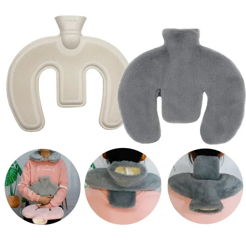 U-Shaped Hot Water Bottle Neck Wrap - Reusable Plush Heating Bag with Hand Pockets for Winter Warmth and Comfort