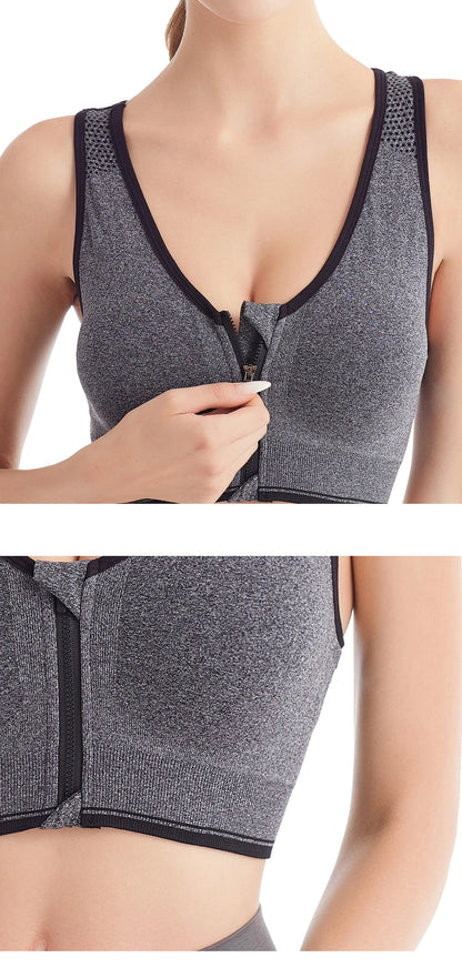 Women's Running Sports Bra – Front Zipper, Shockproof, Seamless & Breathable Bralette Without Underwire