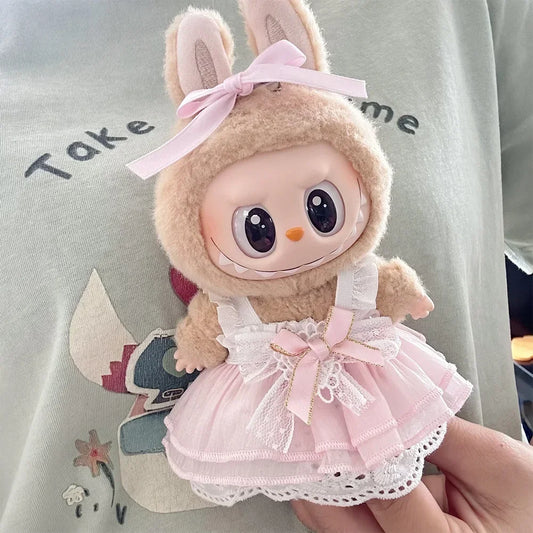 17cm Mini Plush Doll Clothes — Kpop Labubu Idol Outfit with Pink Silk Bow & Princess Gauze Skirt Accessories