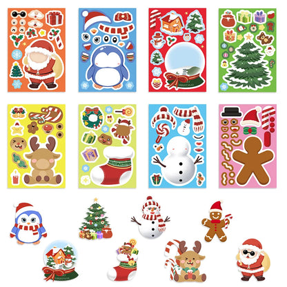 8-Piece Christmas Snowman Puzzle Stickers – Cartoon Face-Making Waterproof Craft Decals for Holiday Party