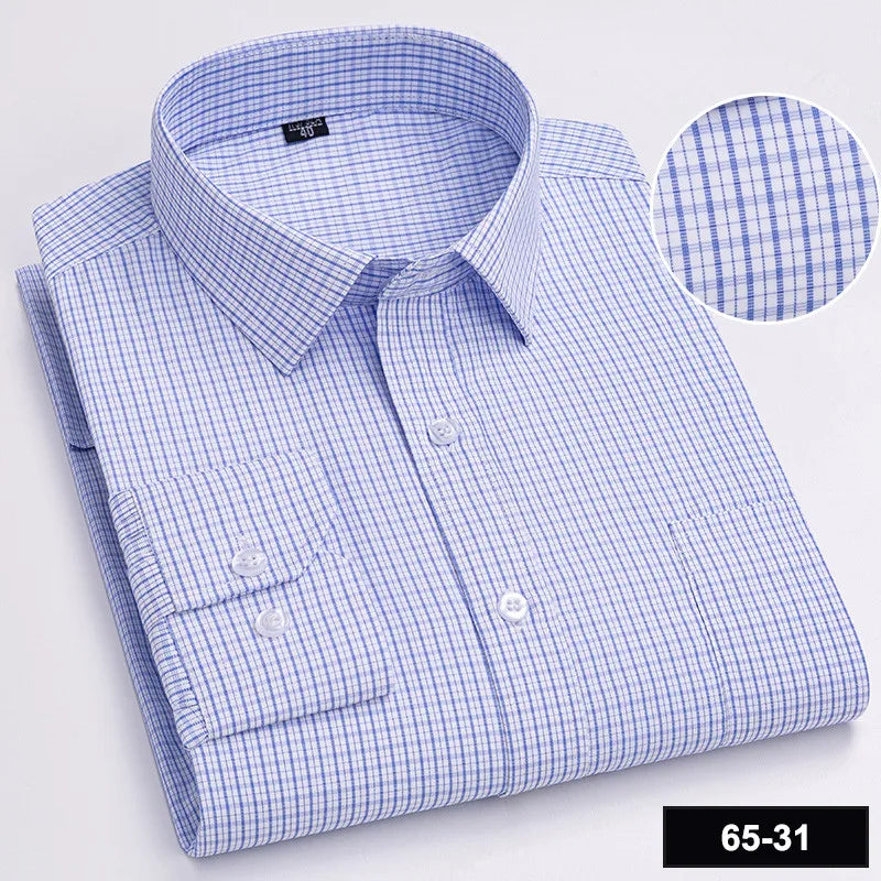 Men’s Plaid Stripe Long Sleeve Shirt - Casual Business Formal Office Shirt with Single Pocket for All Seasons