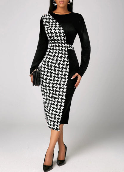 Plus Size Women’s Elegant Houndstooth Contrast Print Dress – Long Sleeve OL Commuter Bodycon Elastic Office Wear Dress