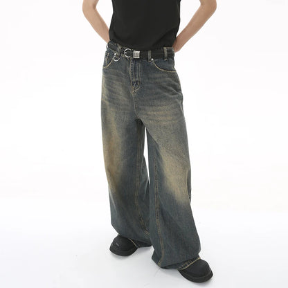IEFB Men’s Summer Denim Jeans – Washed Blue Straight Loose Wide-Leg Casual Pants