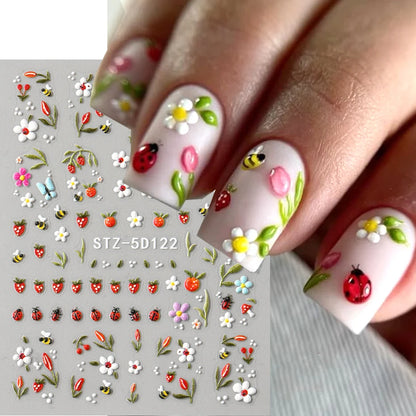 3D Kawaii Ladybug Nail Stickers - Embossed Daisy Flower DIY Decals for Spring, Wedding & Floral Nail Art