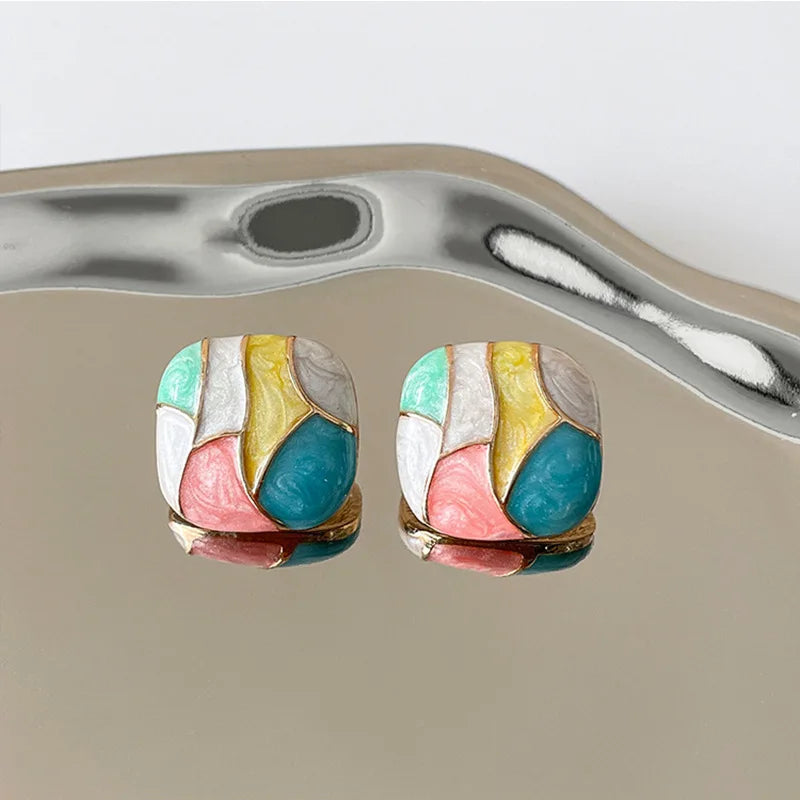 Colorful Square Patchwork Stud Earrings – Romantic Ear Jewelry for Women Christmas Gift