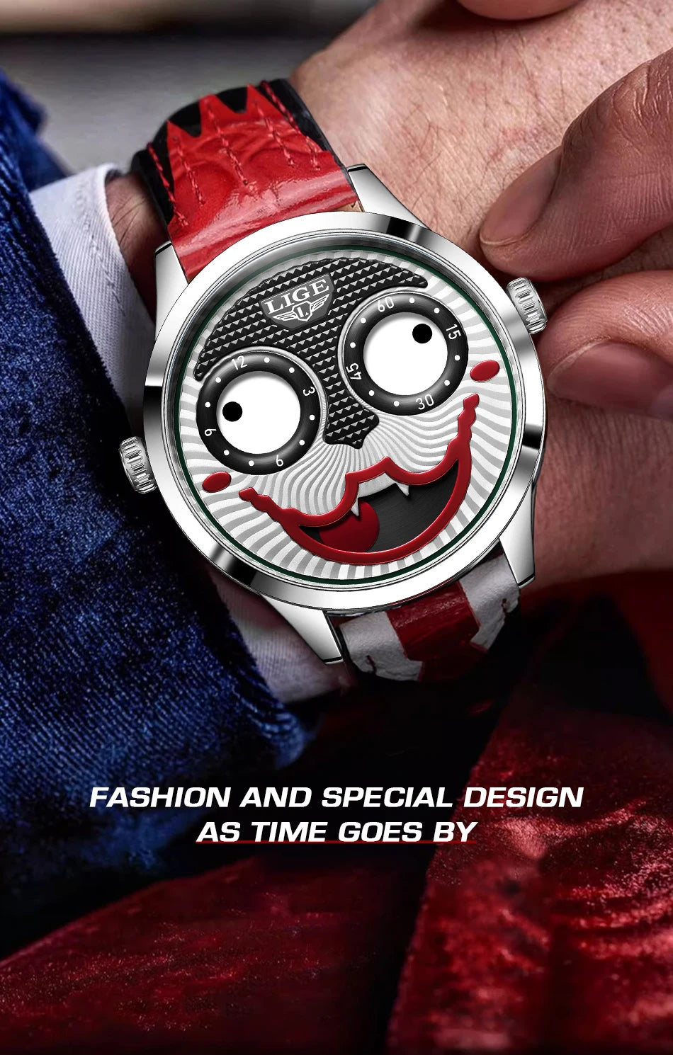 LIGE 2025 Men’s Creative Clown Quartz Watch – Waterproof Leather Strap Joker Fashion Wristwatch