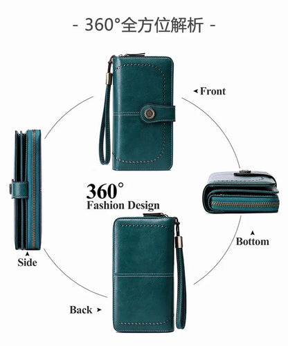 RFID Anti-Theft Retro Large Capacity Women's Wallet – Multi-Card Zipper Wallet with Wrist Strap