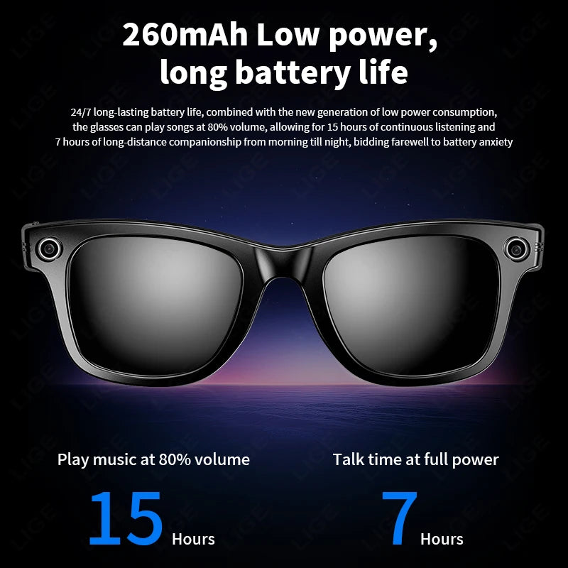 LIGE Smart Camera Glasses – Bluetooth Music Sunglasses with Call, Photo & Video Recording, Anti-Blue Light & UV Protection