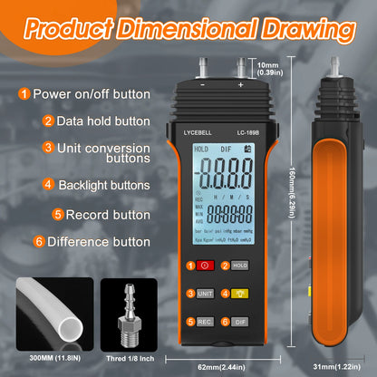 BTMETER Hot Wire Anemometer & Manometer Kit - HVAC Airflow and Gas Pressure Tester with 360° Swivel Probe, LCD Backlight & 12 Units