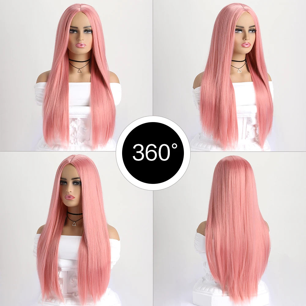 26-Inch Long Straight Wig with Mid Bangs – Black Ombre Heat-Resistant Wig for Women, Daily Wear, Cosplay & Halloween