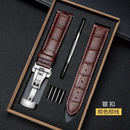 Genuine Leather Watch Strap with Wooden Box – Butterfly Clasp Bracelet 18-24mm Wristband