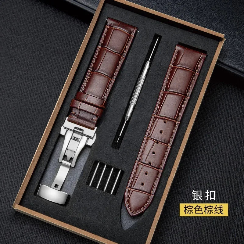Genuine Leather Watch Band with Wooden Box – Replacement Strap with Butterfly Clasp, 18mm 20mm 22mm Bracelet Accessory