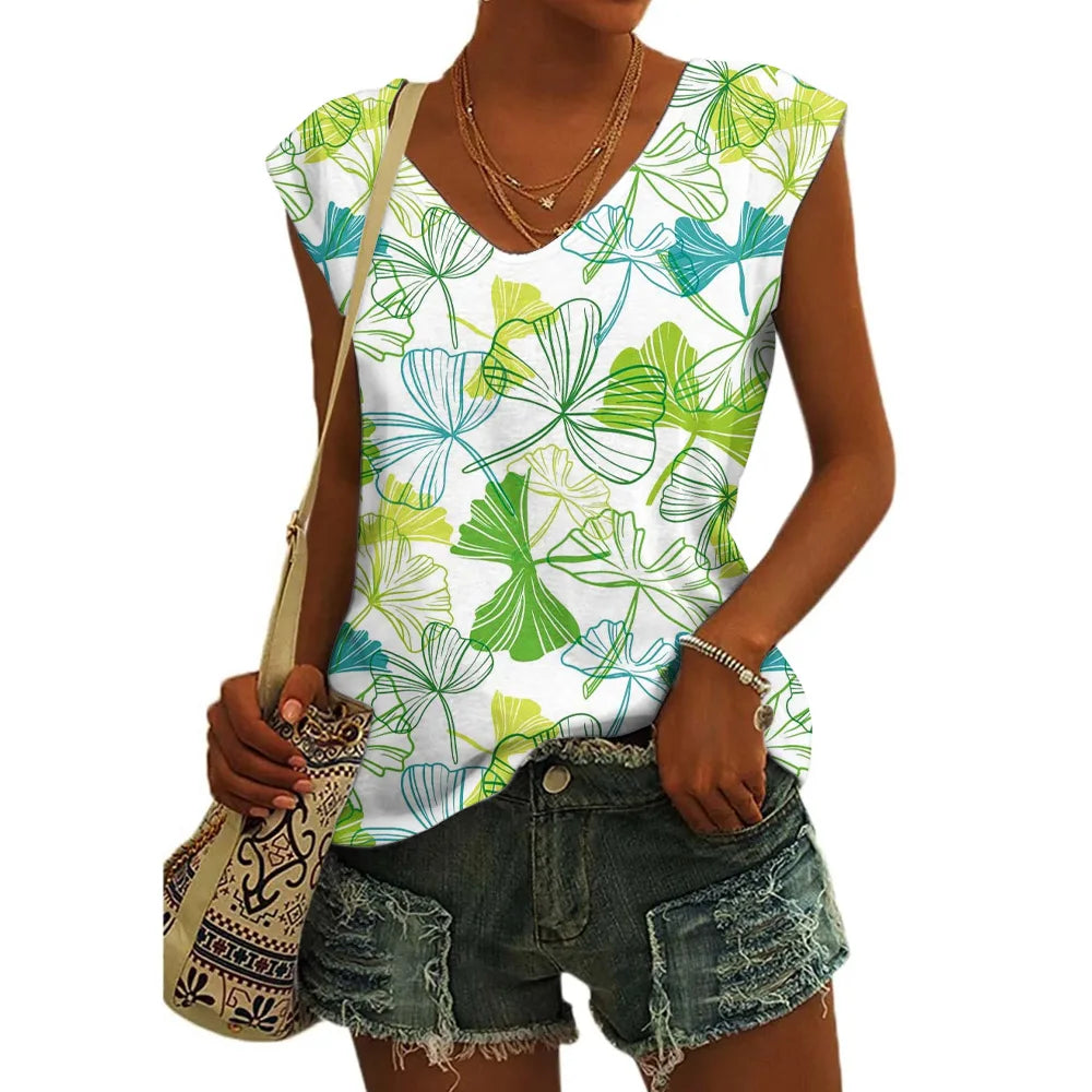 Women’s Floral Print T-Shirt - V Neck Cap Sleeve Loose Fit Summer Beach Top with Breathable Casual Style