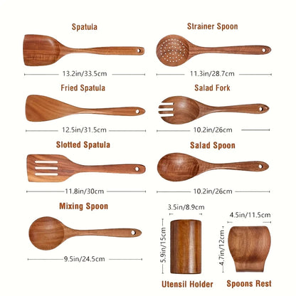 4/7/9PCS Teak Wooden Cooking Spoons Set – Kitchen Utensils with Holder