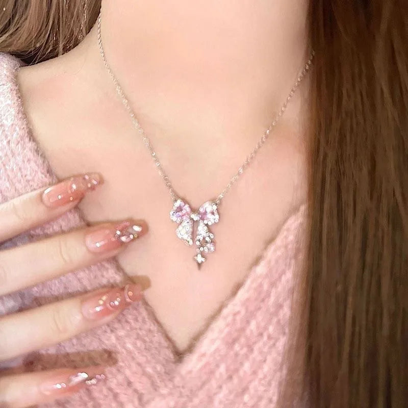 Sweet Pink Bow Necklace – Fashionable Rhinestone Star Pendant Clavicle Chain, Delicate Wedding Accessories for Women