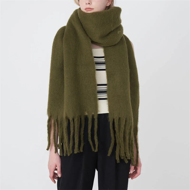 Luxury Cashmere Scarf for Women - Thickened Warm Shawl with Classic Tassels, Soft Solid Color Wrap for Autumn and Winter