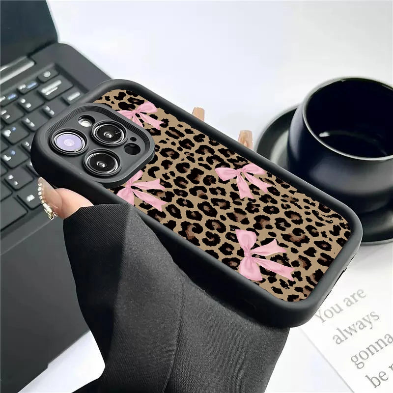 Leopard Print Bow iPhone Case - Waterproof Shockproof Anti-Scratch Cover for iPhone 11-17 Pro Max, Plus & Air Series