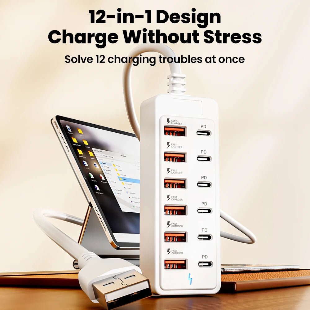 12-in-1 USB Charging Station - Fast Desktop Power Strip with USB Hub Adapter & 1M Cord for Home Office