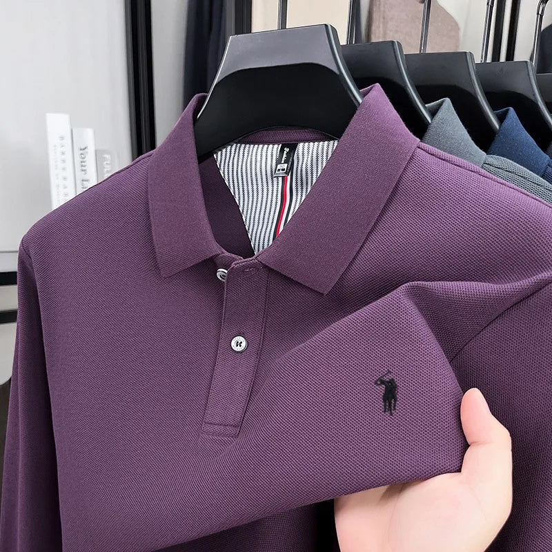 Men's 100% Cotton Long Sleeve Polo Shirt - Embroidered Business Casual Fashion Polo