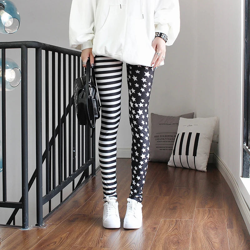 Women Star Print Elastic Jeggings – High Waist Stripe Cropped Pencil Leggings Fashion Skinny Pants L1071