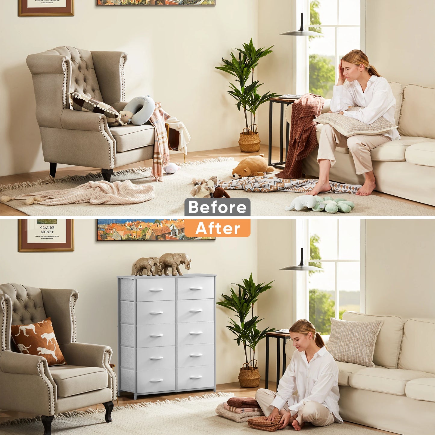 White Wardrobe Closet with 5/7/10 Fabric Drawers – Bedroom Storage Chest Cabinet Furniture