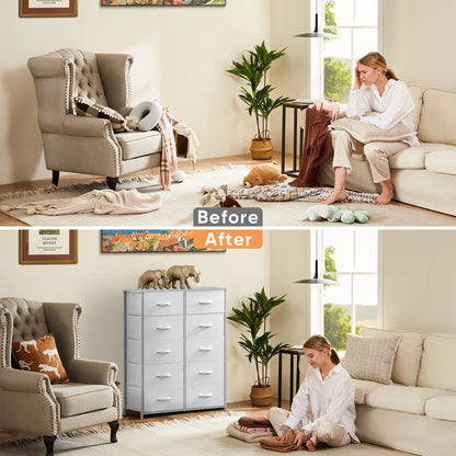 White Wardrobe Closet with 5/7/10 Fabric Drawers – Bedroom Storage Chest Cabinet Furniture