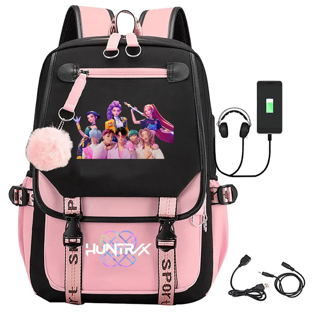 KPop Demon Hunters Print Backpack — Large Capacity School Bag for Rumi, Mira & Zoey Fans, Casual Canvas Travel & Bookbag