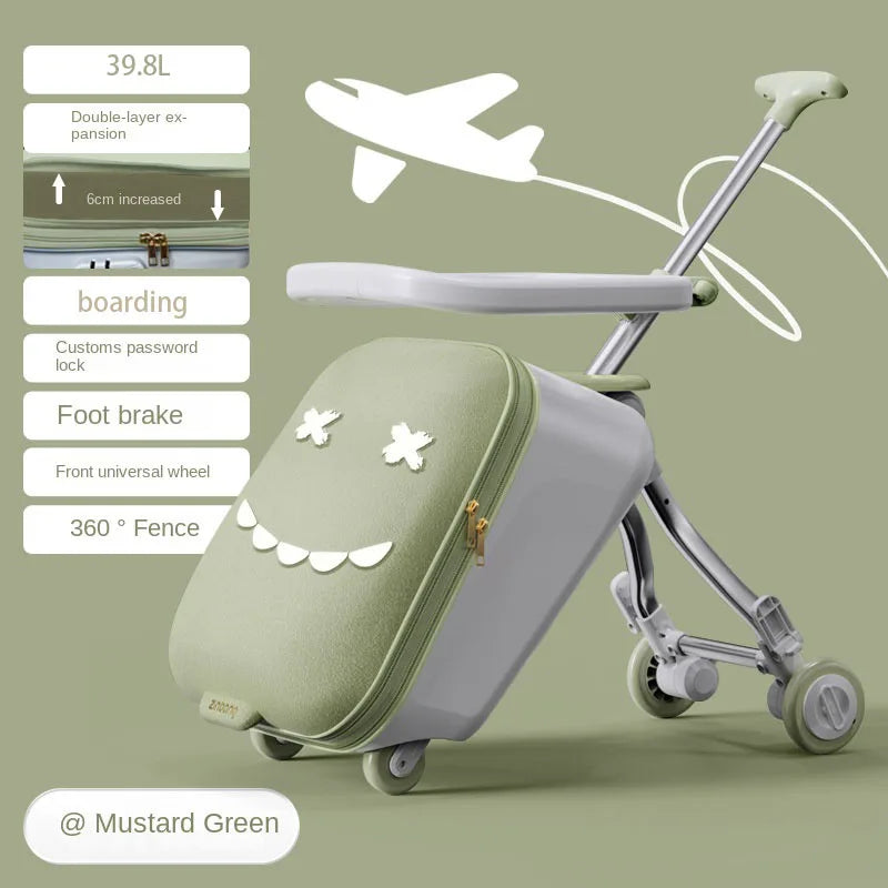 Children's Ride-On Luggage with Brake Wheels – Foldable Trolley Suitcase for Baby, Cabin Carry-On Travel Case