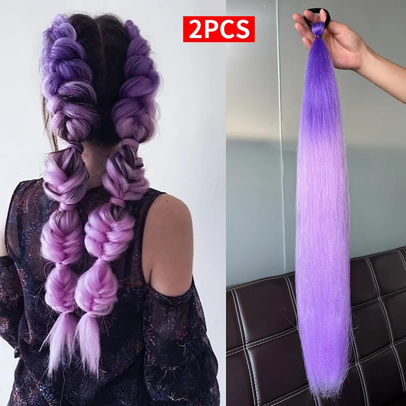 2pcs Purple Synthetic Braiding Hair – Long Straight DIY Braided Ponytail Hairpieces for Women, Party & Stage Hair Accessories