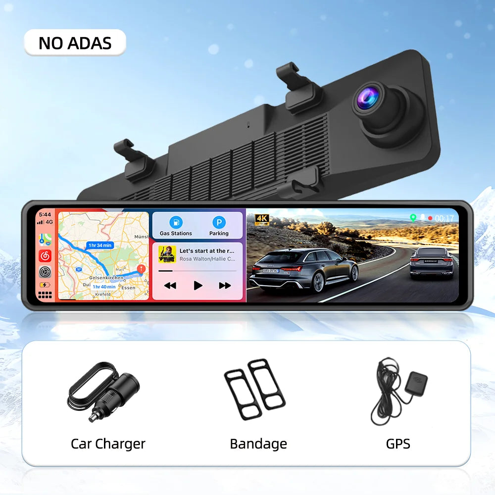 Imagebon 12" 4K Car Mirror – Wireless CarPlay, Android Auto, ADAS, Rearview Camera, GPS, FM, Night Vision Video Recorder