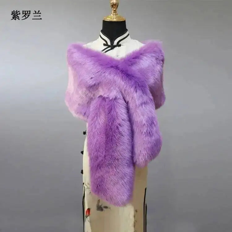 32-Color Luxury Faux Fox Fur Shawl – Women’s Plush Winter Scarf, Wrap & Cape for Wedding & Coat