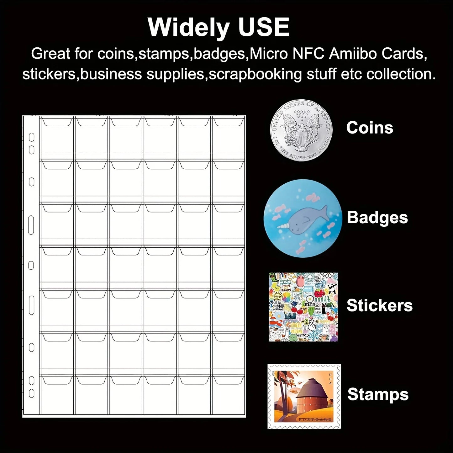 42 Pocket Coin Collection Pages - 9 Hole Coin Sleeves for Collectors, Stamps, Badges & Hobby Storage