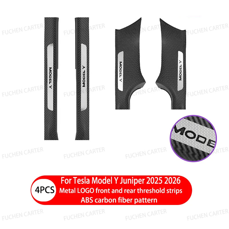 Tesla Model Y Juniper 2025–2026 Metal Logo Door Sill Protectors – Front and Rear Anti-Kick Threshold Guard Strips