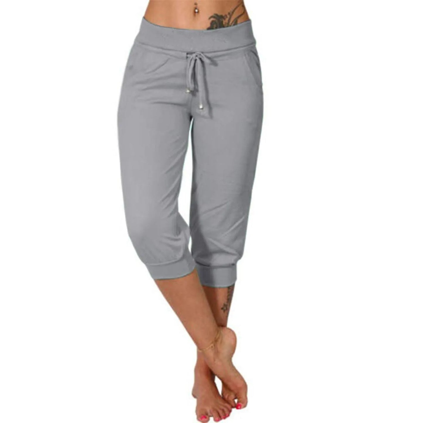 Women’s Cotton Linen Jogger Capris - Solid Color Summer Casual Pants with Double Pockets for Beach & Vacation Wear
