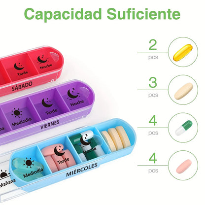 Weekly Pill Box 28 Compartments — 7-Day, 4-Dose Daily Pill Organizer with Spanish Printing