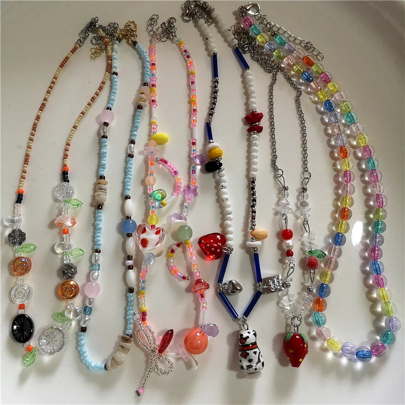 Y2K Strawberry Charm Choker Necklace - Ceramic Dog Pendant Acrylic Beaded Colorful Bow Aesthetic Jewelry for Women