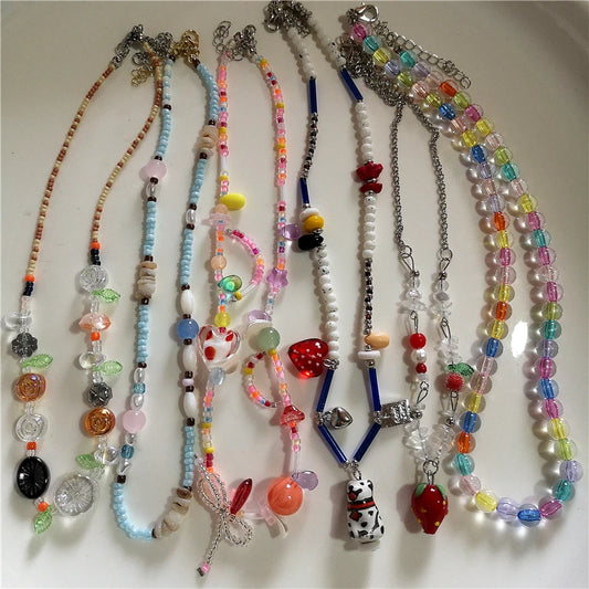 Y2K Strawberry Charm Choker Necklace - Ceramic Dog Pendant Acrylic Beaded Colorful Bow Aesthetic Jewelry for Women