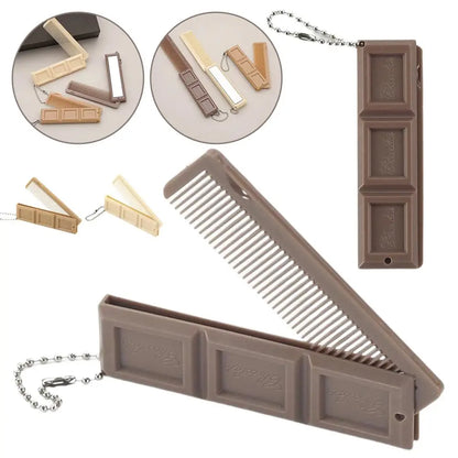 2-in-1 Chocolate Folding Comb with Mirror - Portable Massage Hair Brush for Travel Salon Styling & Smooth Hair Care