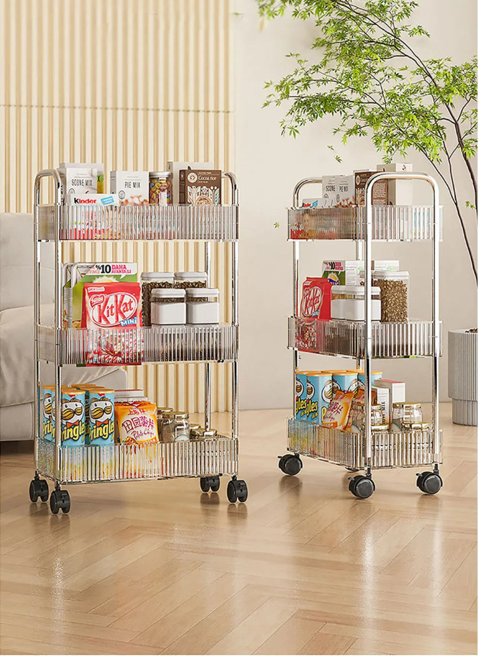 Mobile Shelf with Wheels - Multi-Layer Storage Rack Home Trolley, 2/3/4 Tiers Rolling Cart for Snacks, Cosmetics, and Sundries Organizer