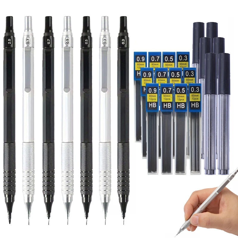 Low Center of Gravity Metal Mechanical Pencil Set – 0.3–2.0mm Lead Refills for Art, Sketching, Painting, and Writing
