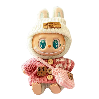 Labubu v1v2 Doll Clothes Outfit (15-17cm) – Sitting Party Bear Accessories with Scarf, Hat & Bag